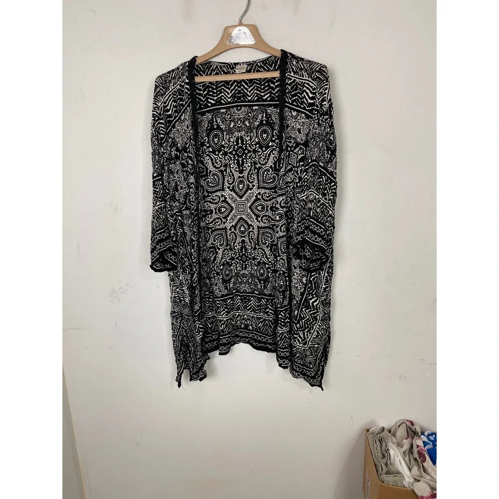Bila Women Black White Paisley Geometric Open Front Kimono Cardigan‎ SX697 ML